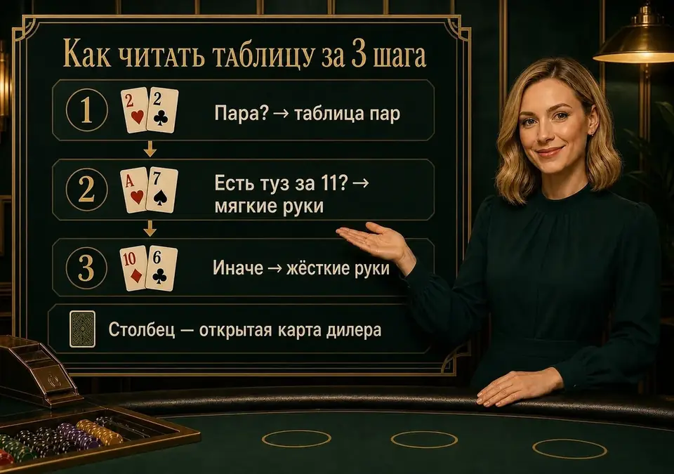 Инфографика из 3 шагов: как по таблице блэкджека найти нужный ход для своей руки