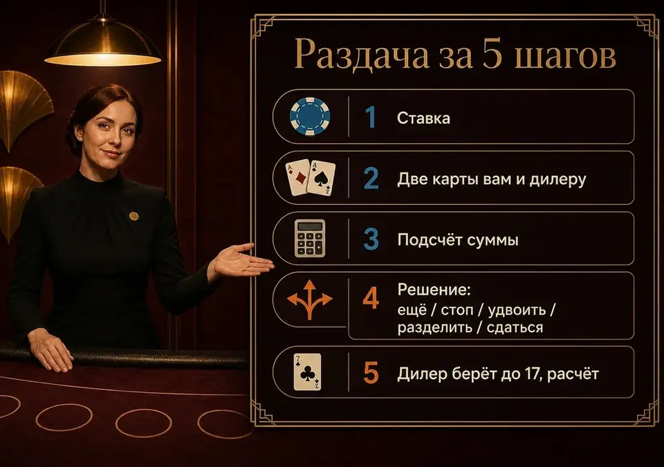 Инфографика: как проходит одна раздача блэкджека за 5 шагов
