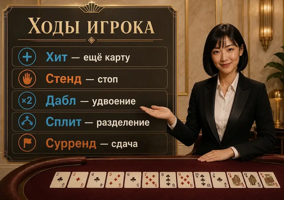 Инфографика: какие ходы может сделать игрок за столом блэкджека