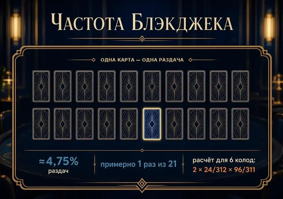 Инфографика, наглядно показывающая, как часто игроку приходит блэкджек