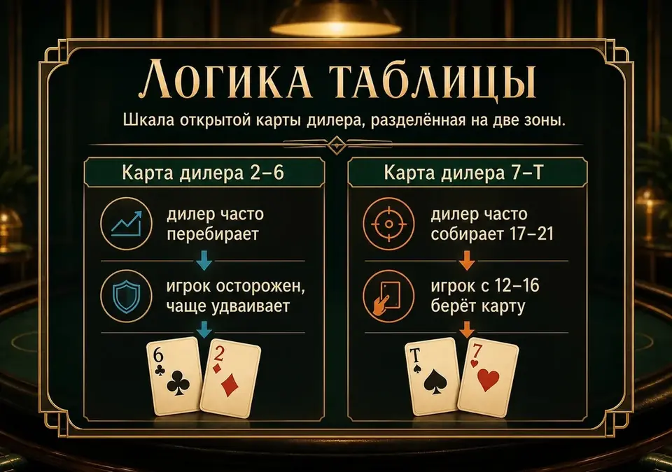 Инфографика о логике таблицы: как открытая карта дилера определяет выбор хода