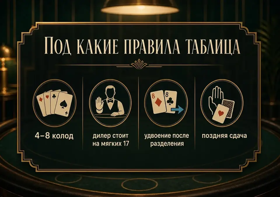 Инфографика о правилах стола, под которые составлена схема базовой стратегии