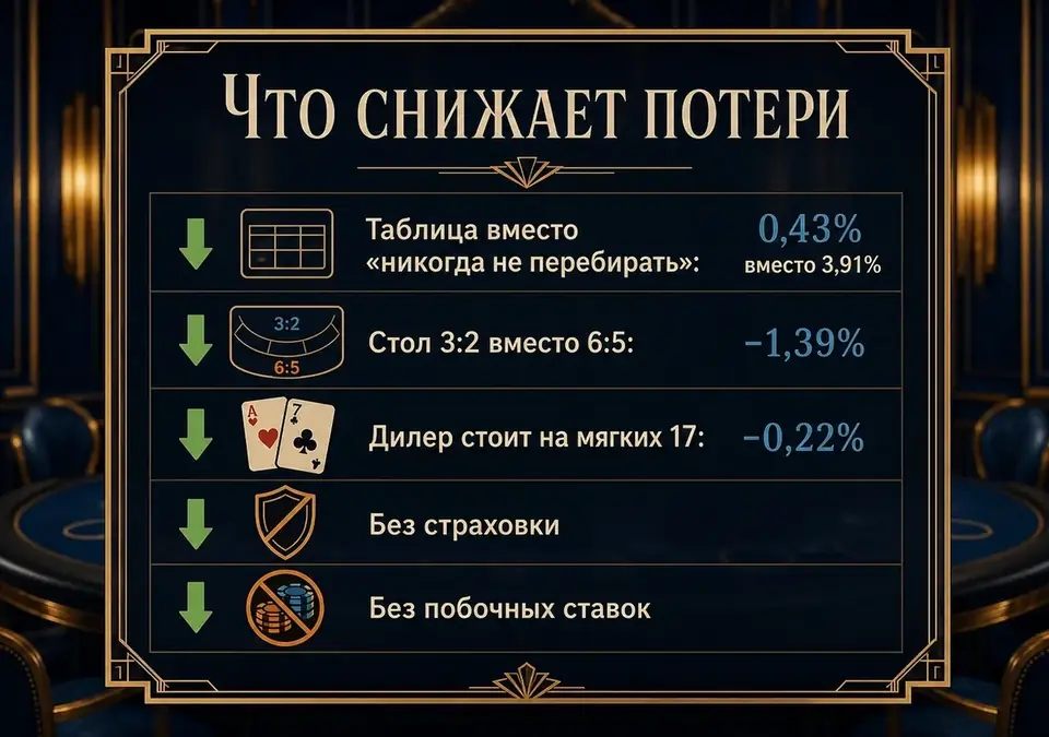 Инфографика о шагах, которые помогают снизить средние потери в блэкджеке