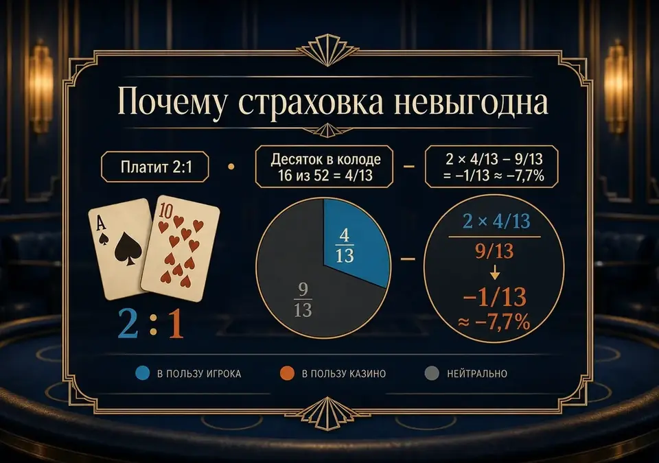 Инфографика с объяснением, почему страховка в блэкджеке невыгодна игроку