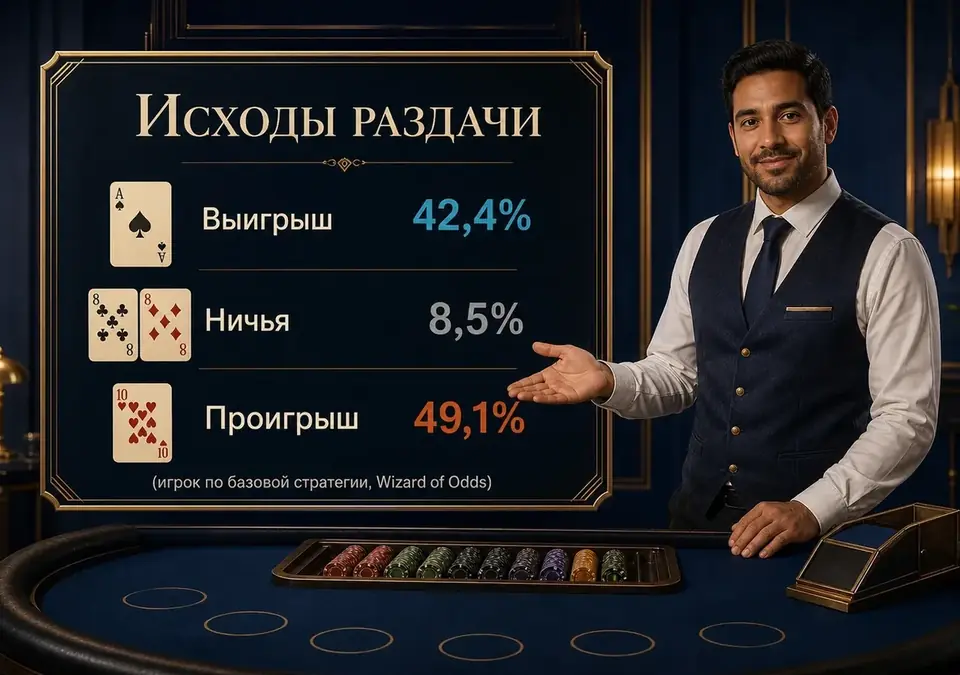 Инфографика с распределением исходов раздачи: выигрыш, ничья и проигрыш