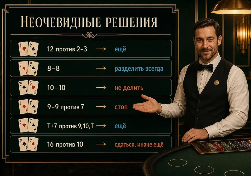 Инфографика с разбором неочевидных решений базовой стратегии блэкджека
