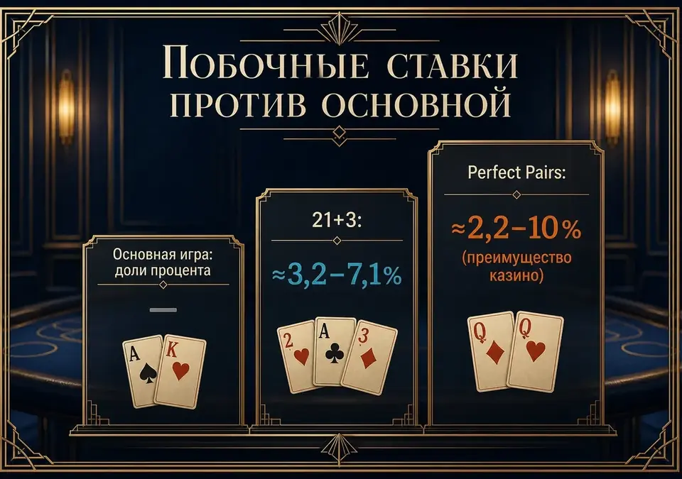 Инфографика, сравнивающая побочные ставки с основной ставкой в блэкджеке