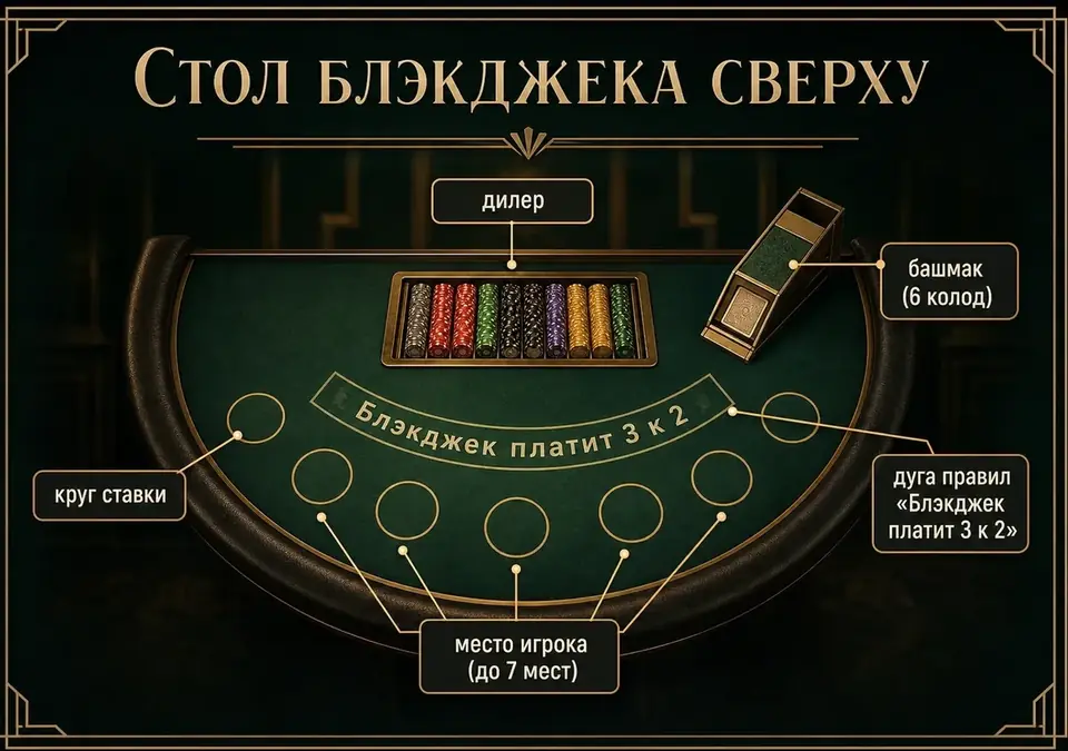 Инфографика: стол для блэкджека, показанный сверху в виде схемы