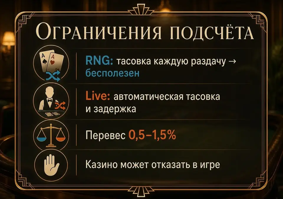 Схема ограничений подсчёта карт: что мешает получить перевес на практике