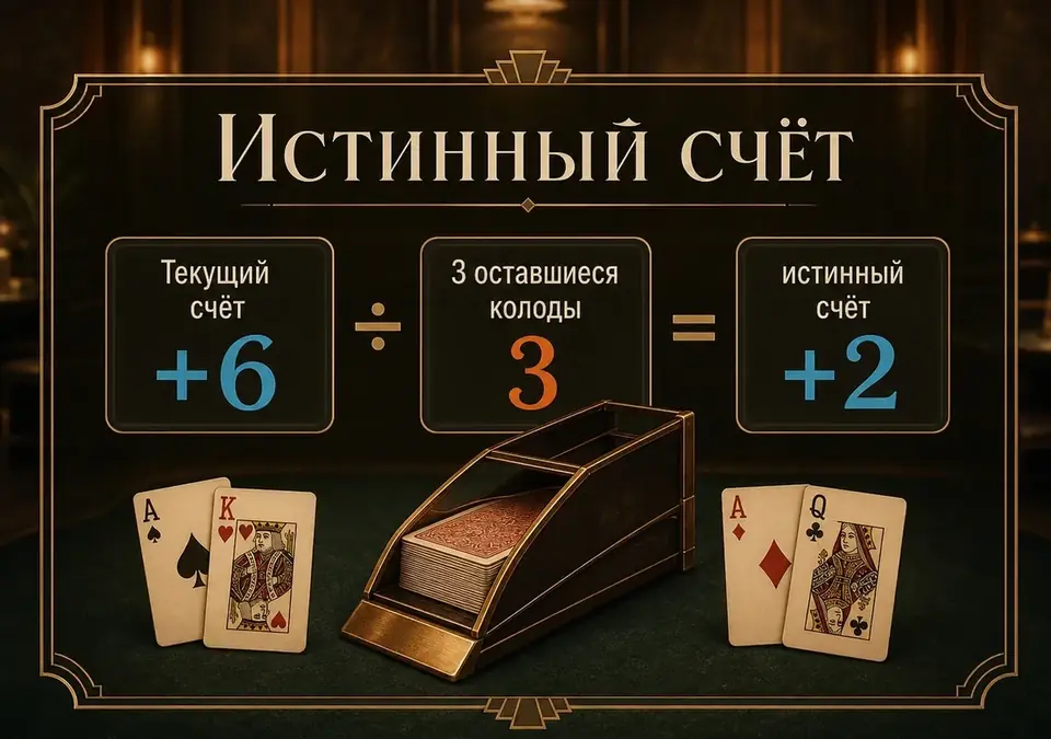 Схема пересчёта: текущий счёт делят на оставшиеся колоды и получают истинный