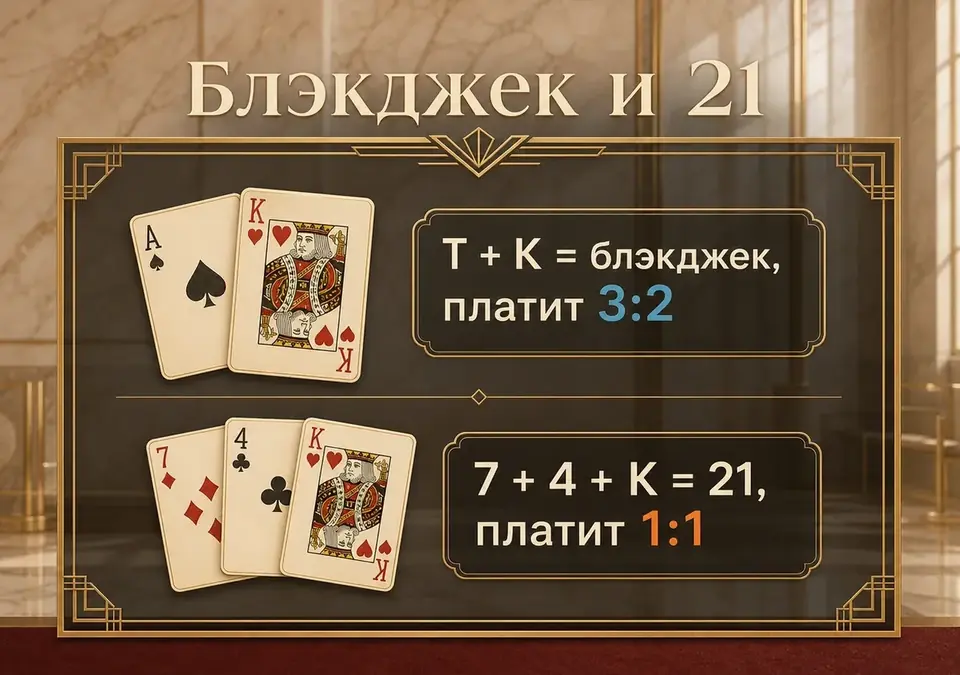 Схема различий между блэкджеком и 21: название игры и название руки
