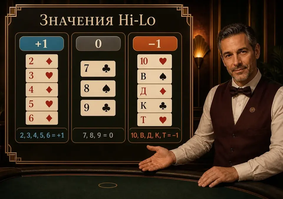 Схема с весами карт по системе Hi-Lo: какие карты прибавляют к счёту, а какие вычитают