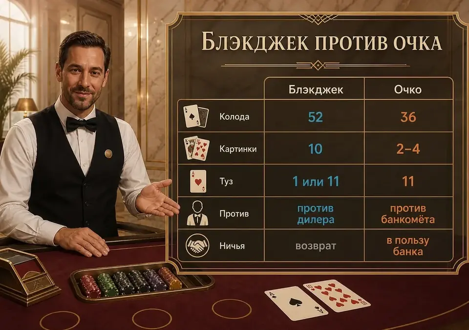 Схема сравнения блэкджека и очка по колоде, очкам и роли банка