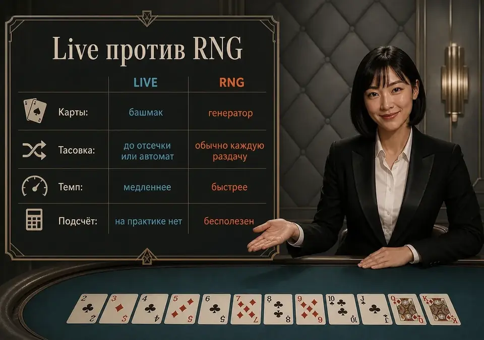 Схема сравнения форматов: live-блэкджек с дилером против RNG-версии