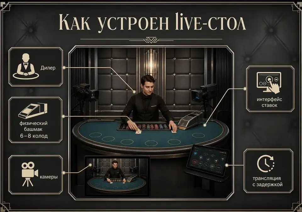 Схема того, как устроен стол live-блэкджека в студии трансляции